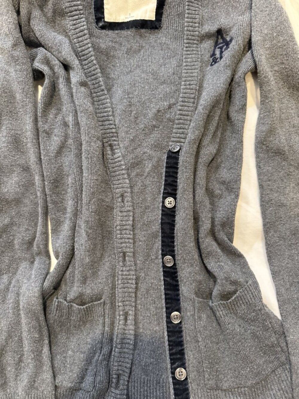 Abercrombie & Fitch Gray Long Button Cardigan Navy Trim S